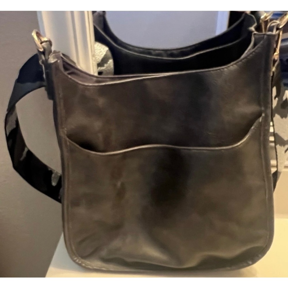 Black Vegan Leather Messenger Bag with Silver Camo Guitar Strap Crossbody